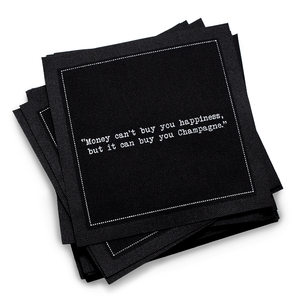 Five Star Napkins Inc. - Champagne Quotes - Black Cotton Cocktail Napkins 50x