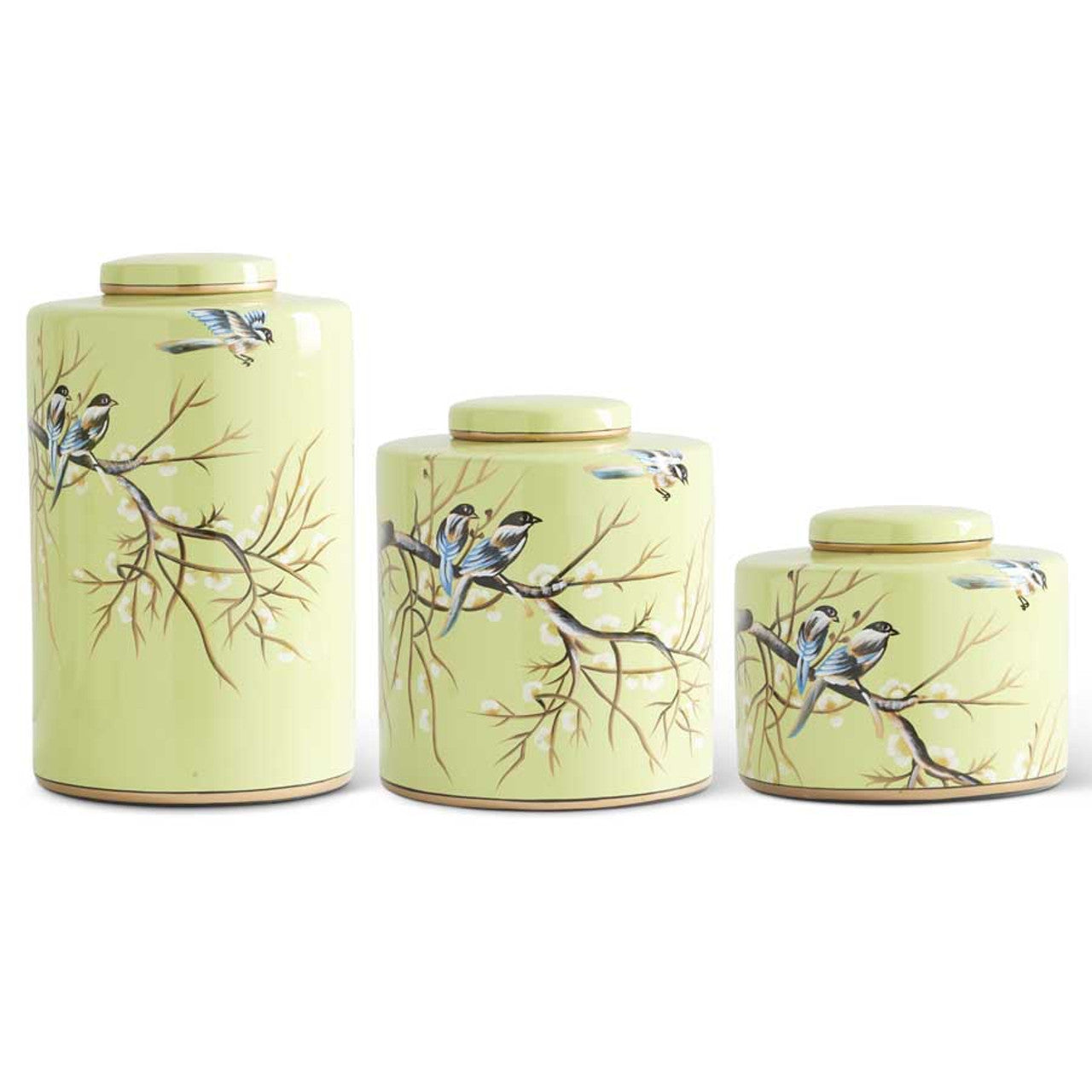 Pale Green Ceramic Lidded Ginger Jar w/ Blue Birds (Multiple Sizes)