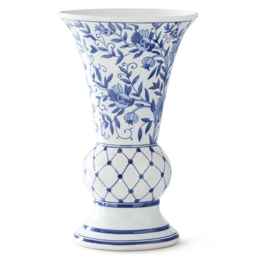 Blue and white fluted Chinoiserie Vase 14"