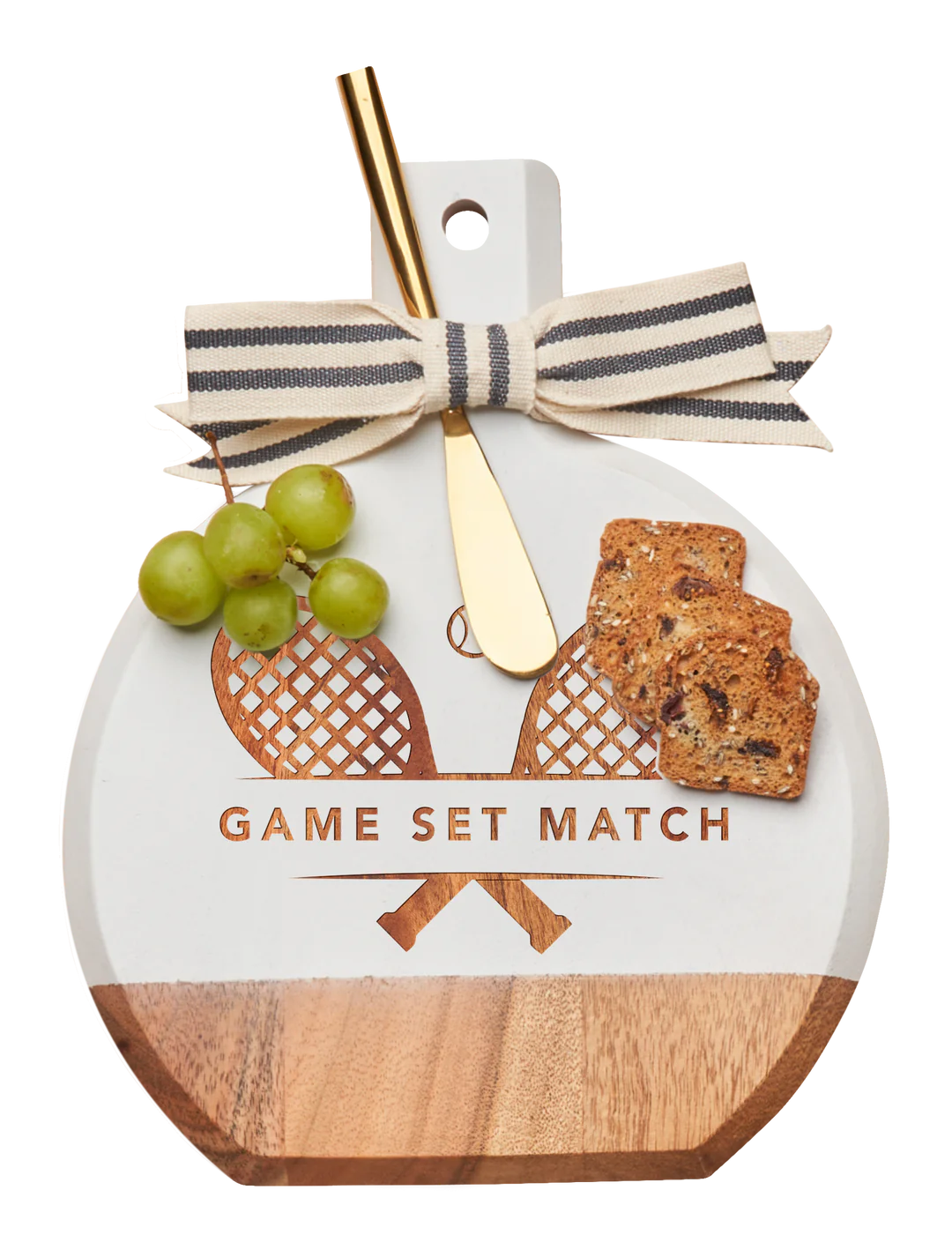 Acacia Bevel Board White w/ Ribbon & Gold Spreader Knife | Game Set Match | 9.75 x 8"