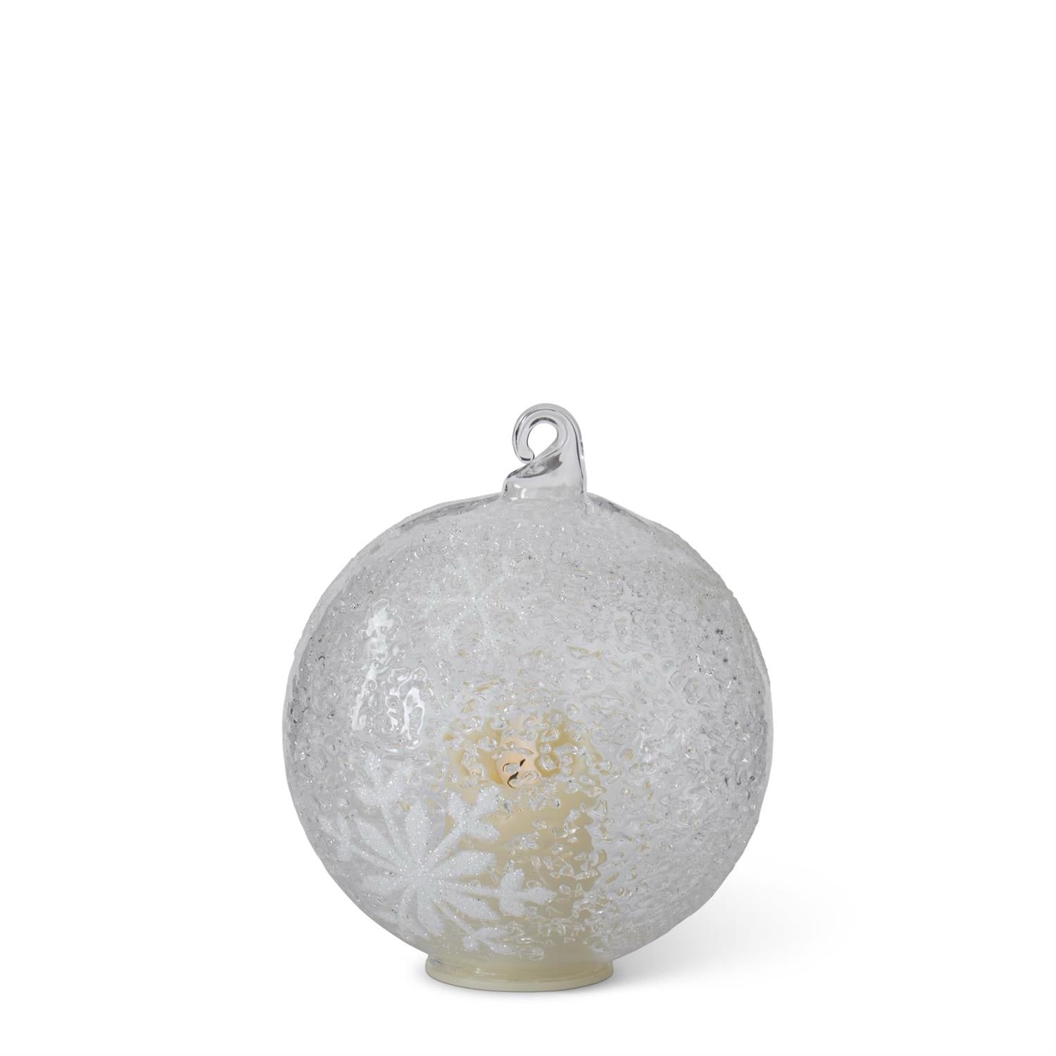 LED Ice Textured Clear Glass w/ White Snowflakes Ornament with Timer 4"