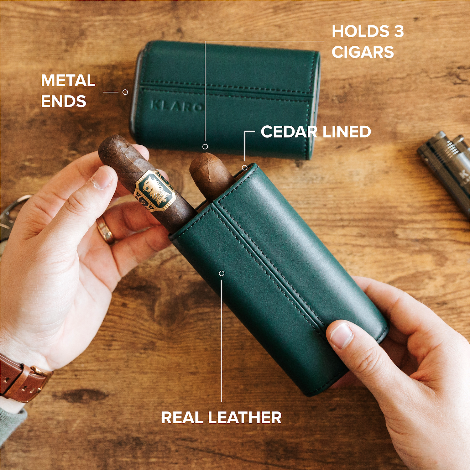 Case Elegance - Premium 3 Cigar Travel Case - Racing Green