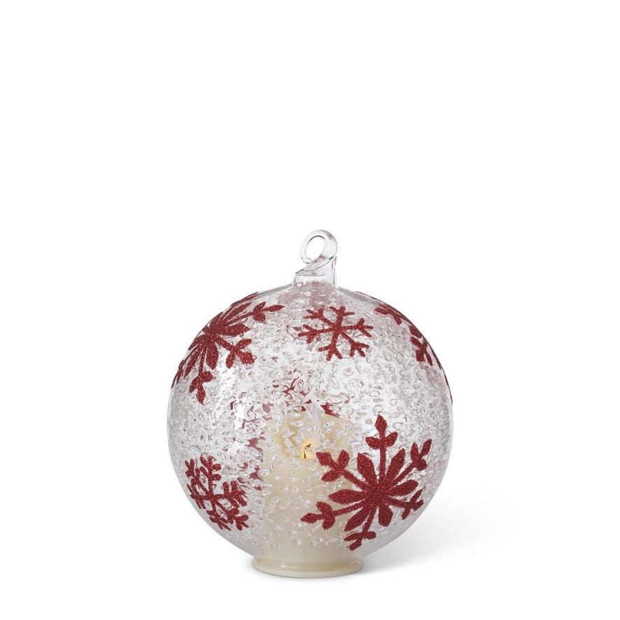 LED Ice Textured Clear Glass Red Snowflakes Ornament with Timer, 2 Sizes