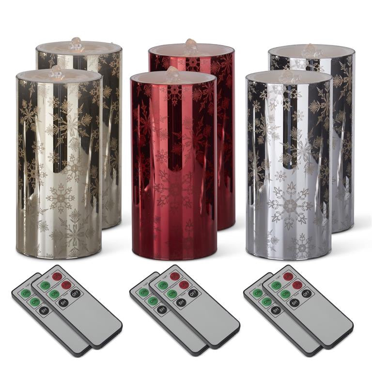 Embossed LED Wax Pillar Water Candles with Timers & Remote