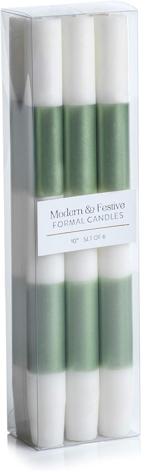 Modern & Festive Formal Taper Candles, 10in, Set of 6, Metallic Green & White