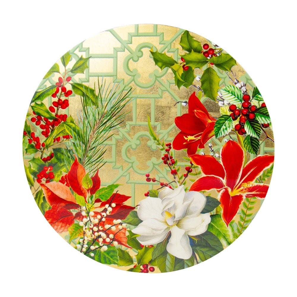 Caspari Christmas Garden Placemat Lacquer Round 15in