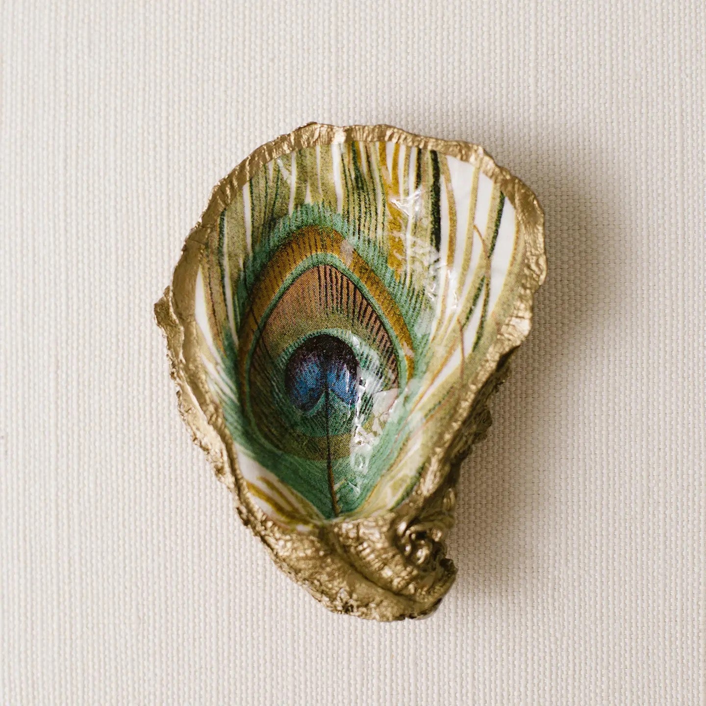 Decoupage Oyster Jewelry Dish: Peacock Feather