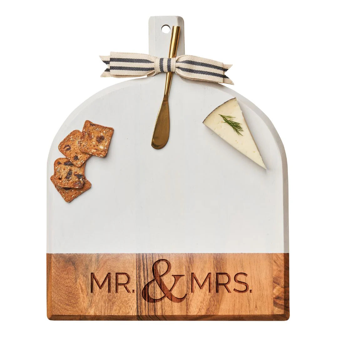 Acacia Bevel Board White w/ Ribbon & Gold Spreader Knfie | Modern Mr. & Mrs. | 15" X 12" X .6"