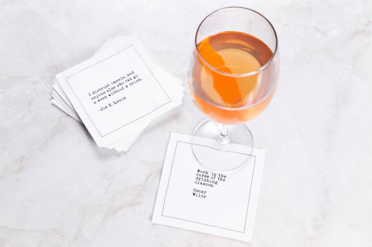 Five Star Napkins Inc. - Drinking Quotes - White Cotton Cocktail Napkins  50x