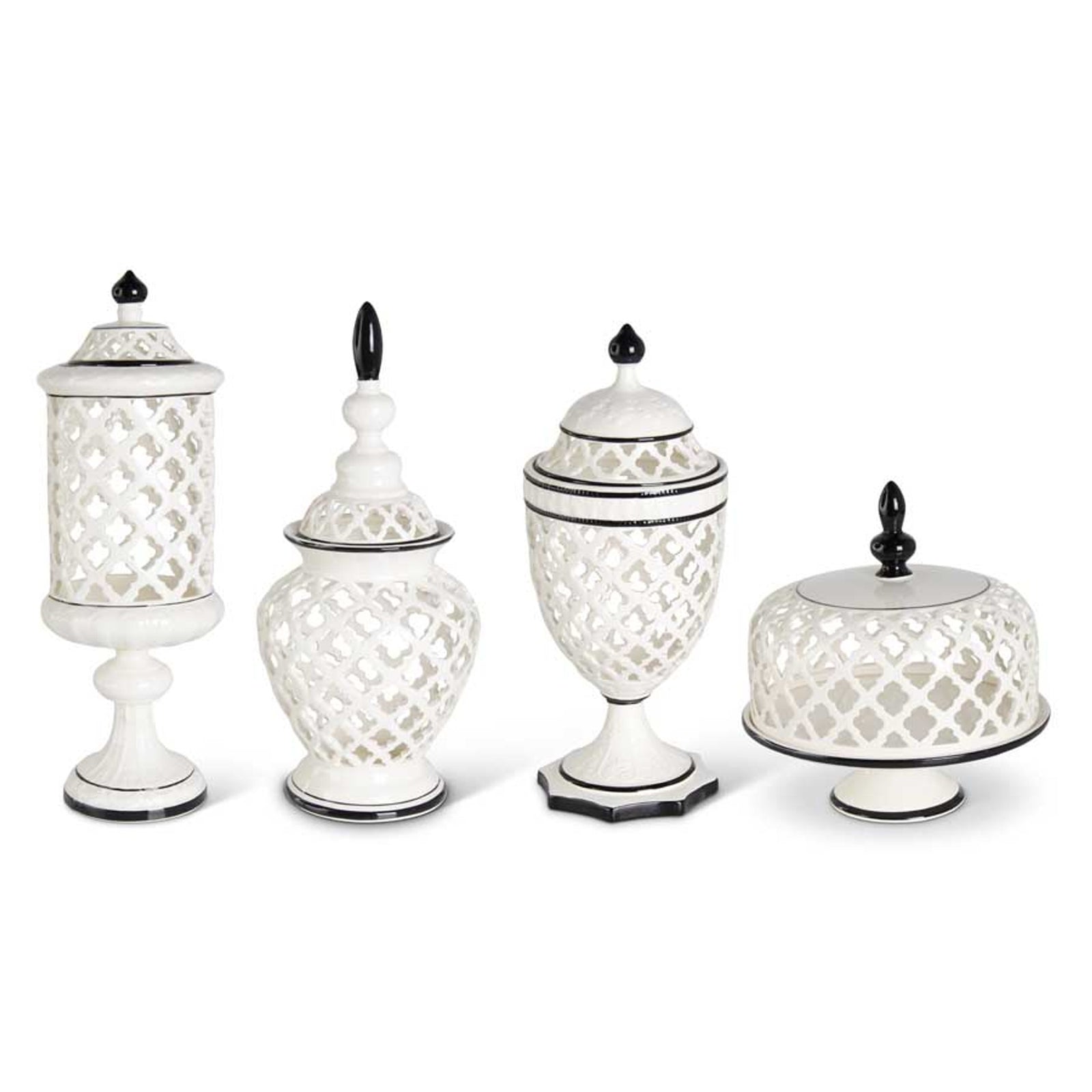 White Lattice Cutout Lidded Ceramics With Black Trim (Multiple Styles)