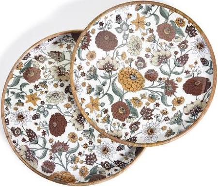 Floral Hand Crafted Wood Round Trays Set of 2
