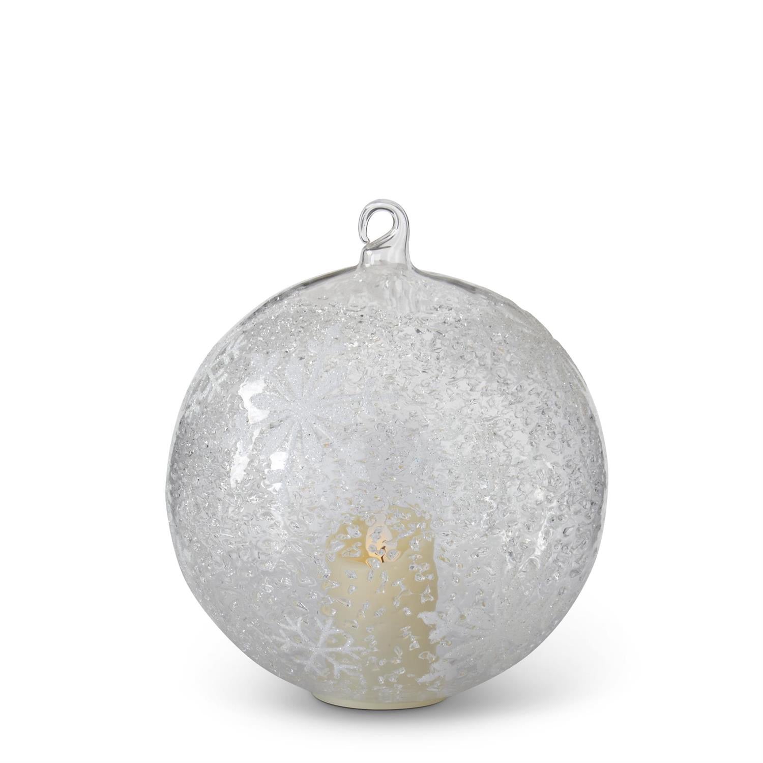 LED Ice Textured Clear Glass w/ White Snowflakes Ornament with Timer 6"