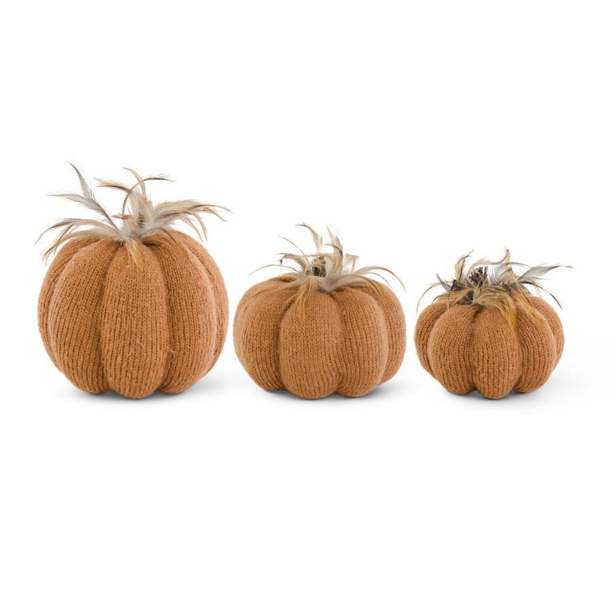 Orange Knit Pumpkins with Wood Stem & Feathers, Set of 3