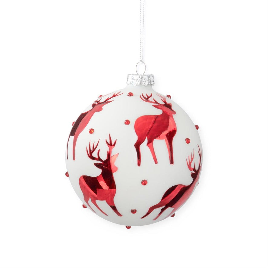 White Glass Ornament with Red Reindeer & Crystals, 2 Sizes
