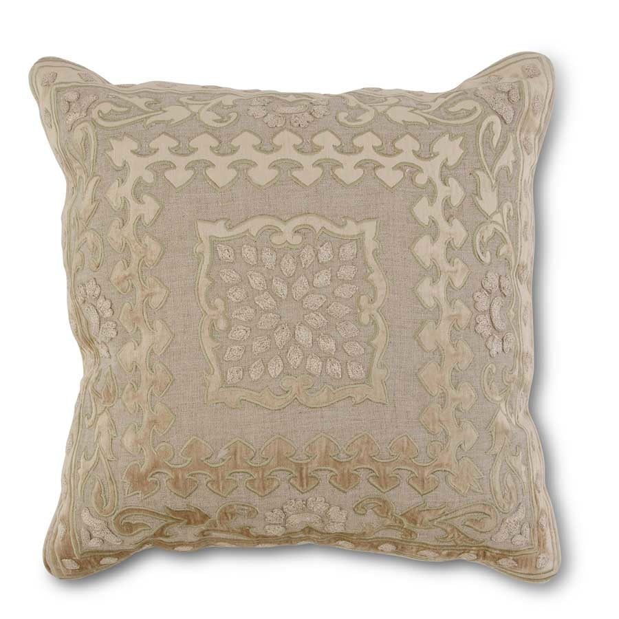 Camel Linen & Velvet Embroidered Square Pattern Pillow 20"