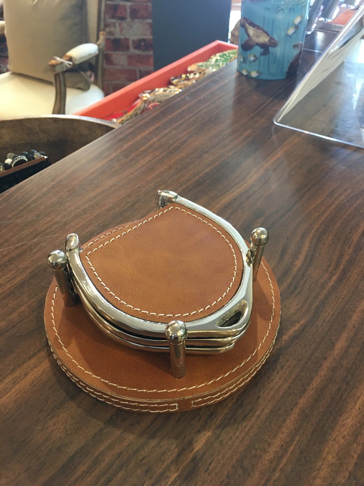 Brown Leather Stitch Horse Bit Coasters