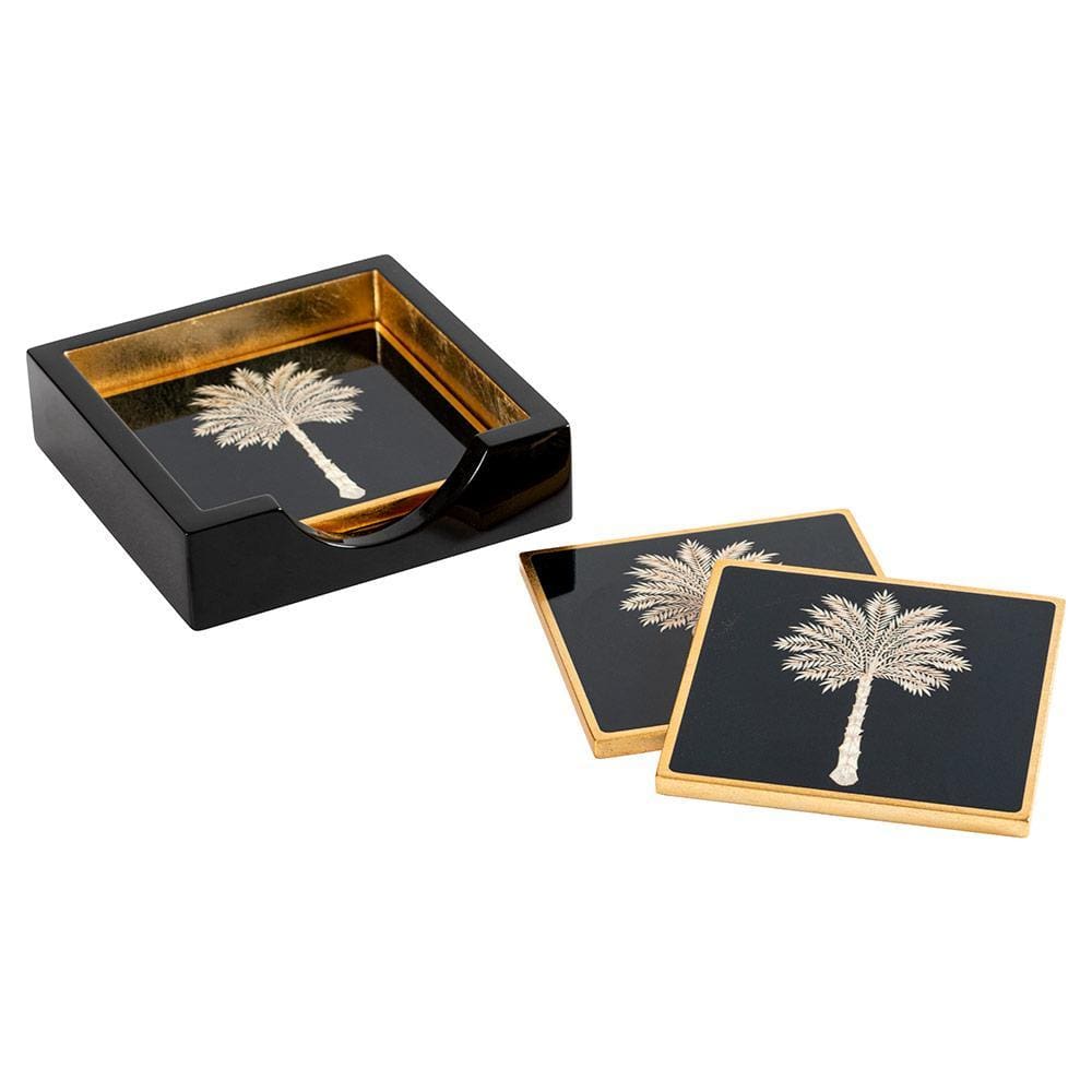 Caspari Grand Palms Square Lacquer Coaster in Holder - Set of 4