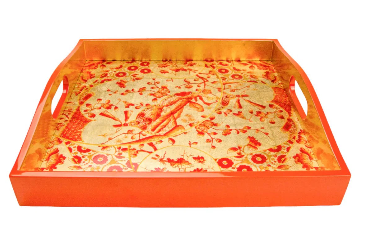 Caspari Porcelain Coral/Gold Lacquer Square Tray 14X14