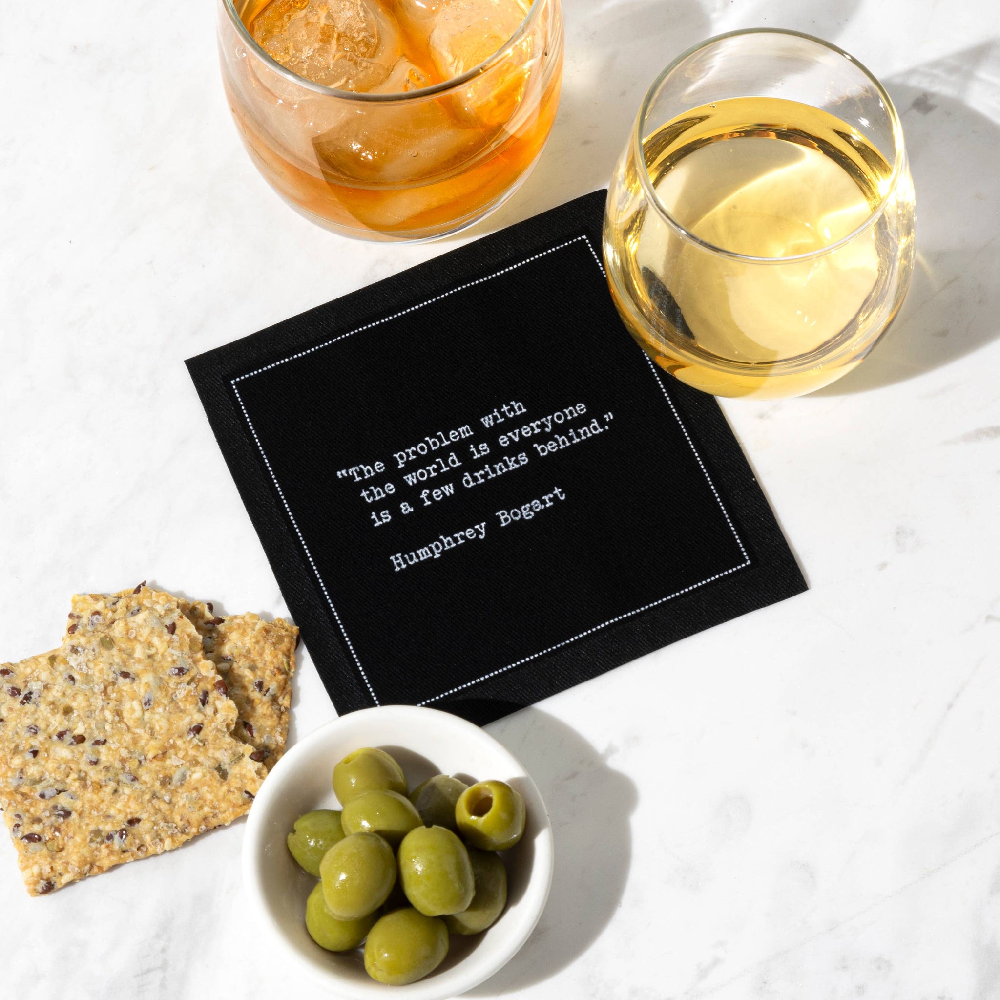 Five Star Napkins Inc. - Drinking Quotes II - Black Cotton Cocktail Napkins 50x