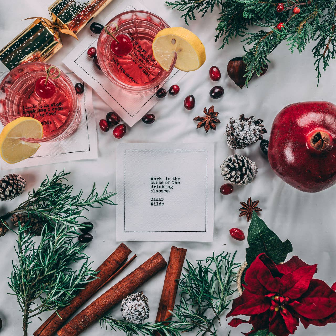 Five Star Napkins Inc. - Drinking Quotes - White Cotton Cocktail Napkins  50x