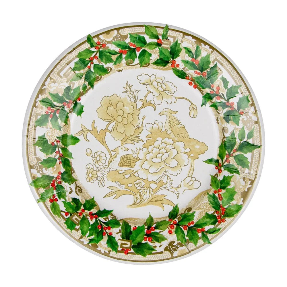 Caspari Holly Ceramic Ivory & Gold Salad & Dessert Plates - 8 Per Package