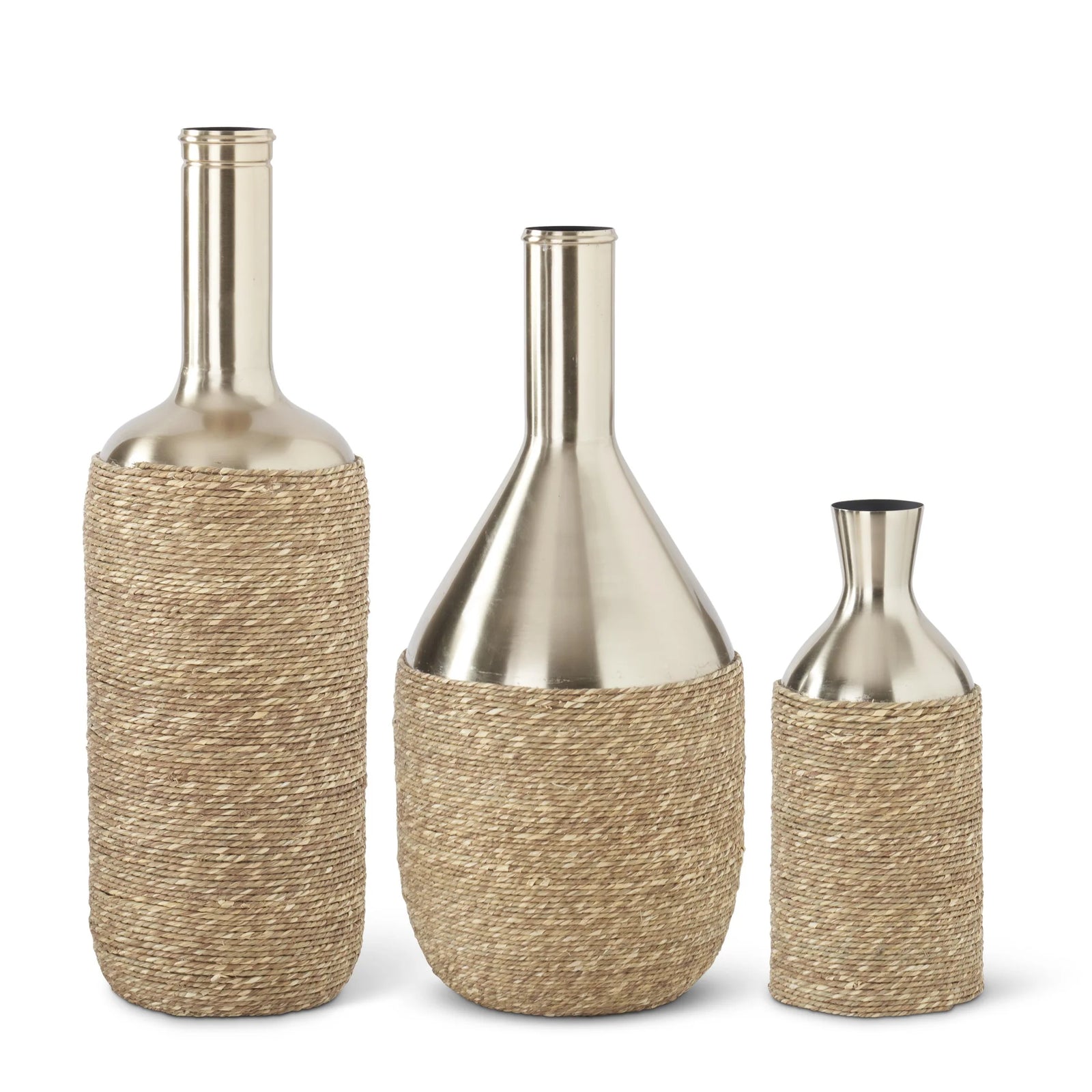 Woven Jute Vases w/ Gold Metal Neck