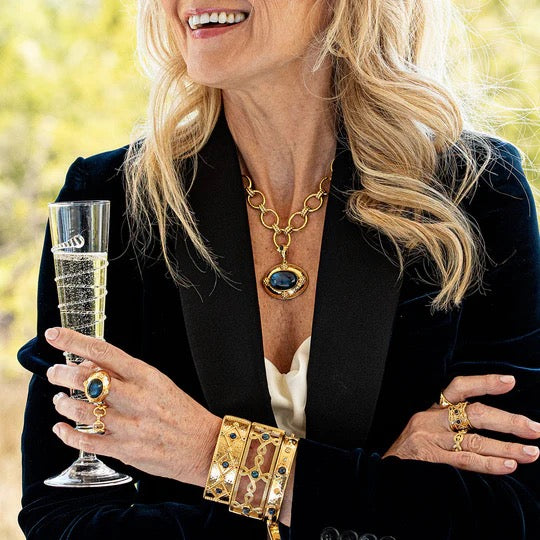 Capucine De Wolf Monique Compass Hinged Bangle - Gold/Blue Labradorite