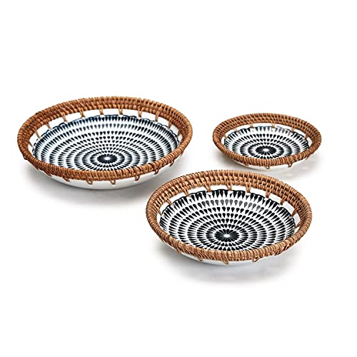 Sundial Set of Blue/White Hand Woven Basket Bowls Set of 3