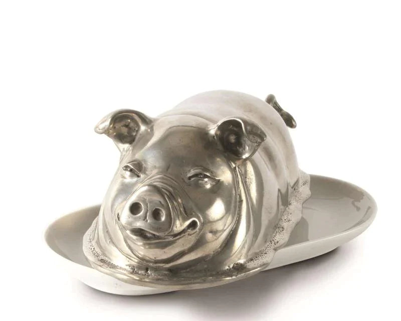 Pewter Happy Pig Butter Dish