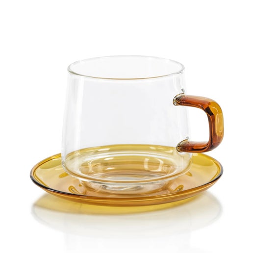 Baglioni Glass Tea and Coffee Cup with Saucer and Spoon Set - Amber