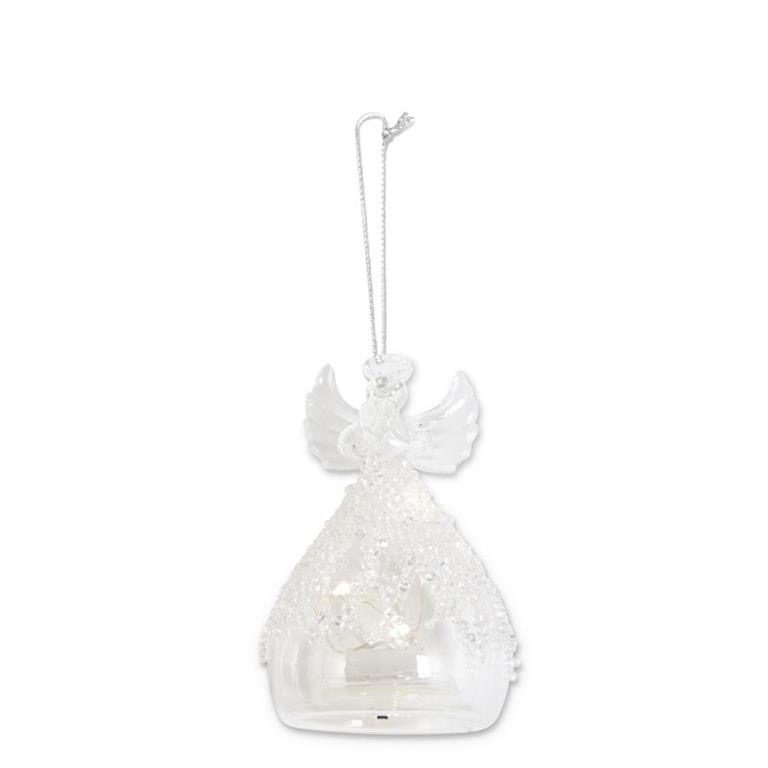 Clear Glass 4" LED Angel Ornament w/ Lattice Glass Beads