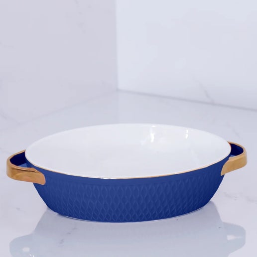 Ceramic Small Oval Baker With Gold Handles (Blue)