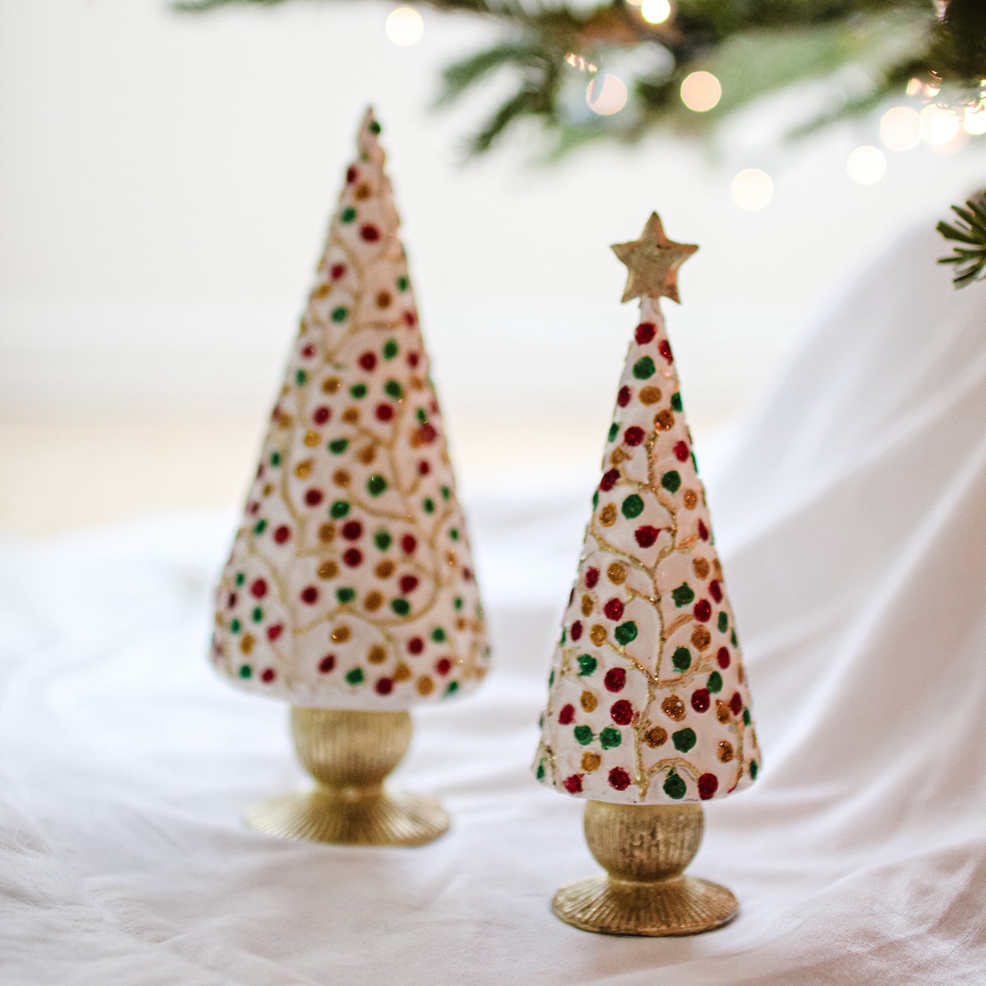 Beaded Dotted Vine Cone Tree with Star (Ivory/Multi) 7"