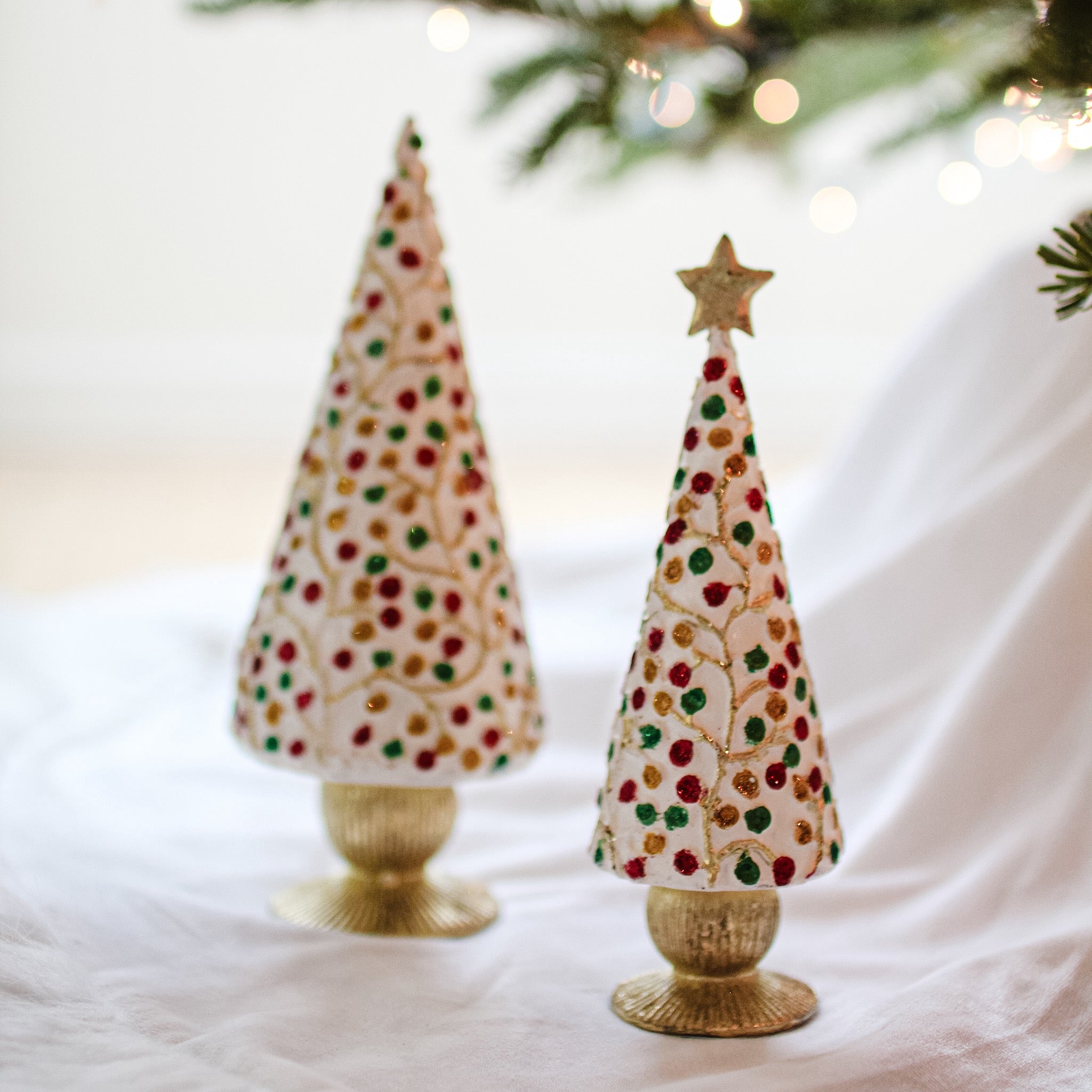 Beaded Dotted Vine Cone Tree with Star (Ivory/Multi) 7"