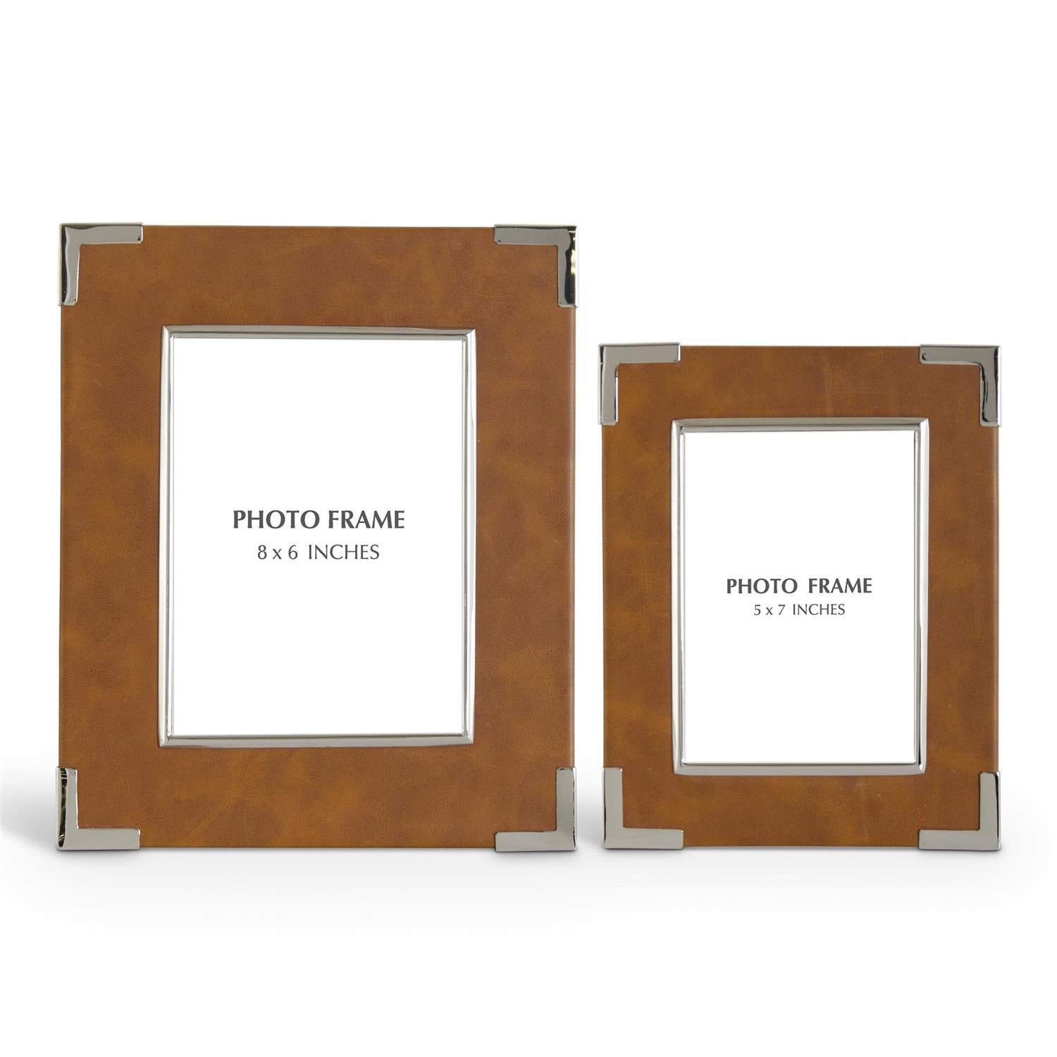 TAN VEGAN LEATHER PHOTO FRAME W/SILVER CORNERS 5X7