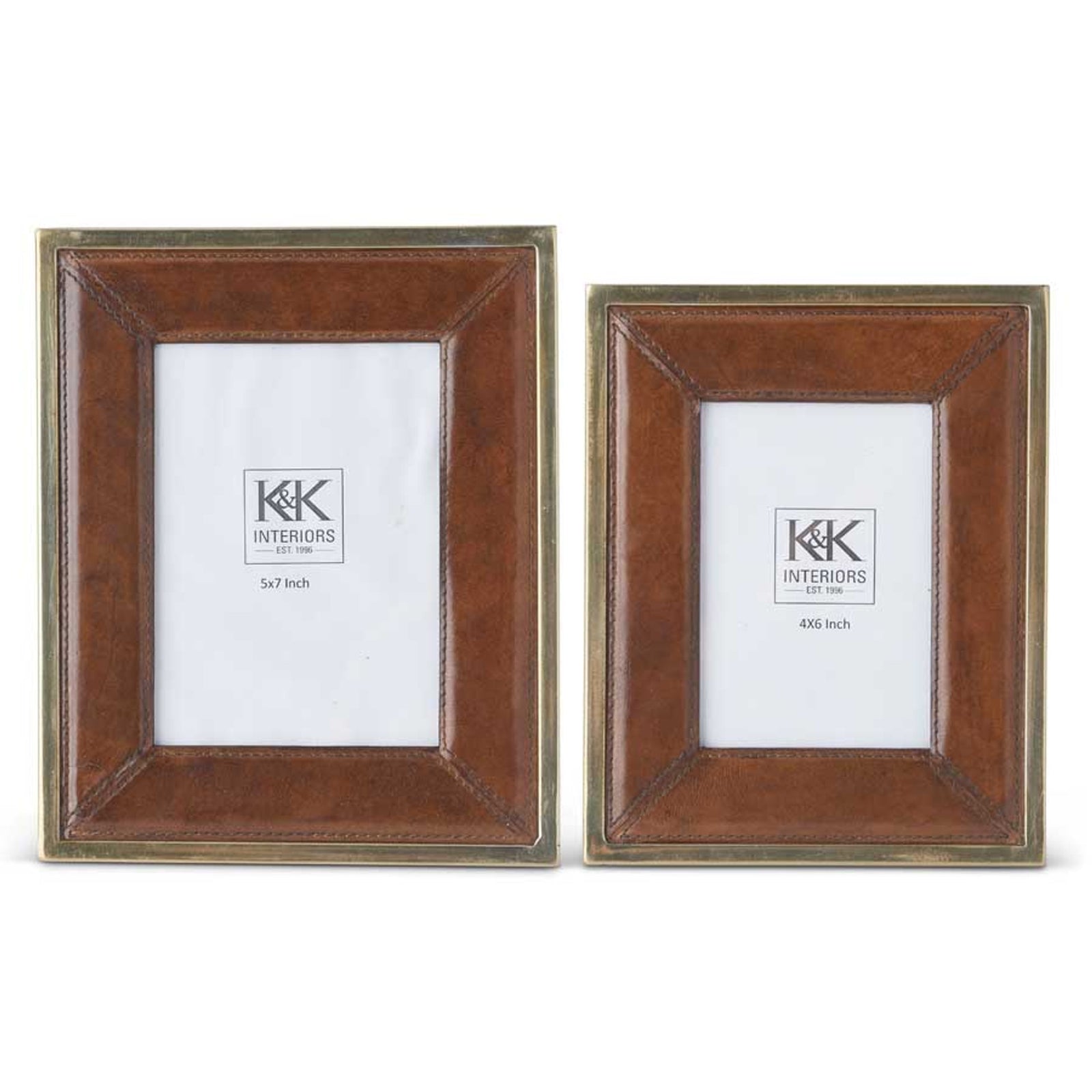 Tan Leather Photo Frame with Antique Gold Metal Trim