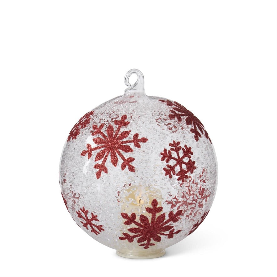 LED Ice Textured Clear Glass Red Snowflakes Ornament with Timer, 2 Sizes