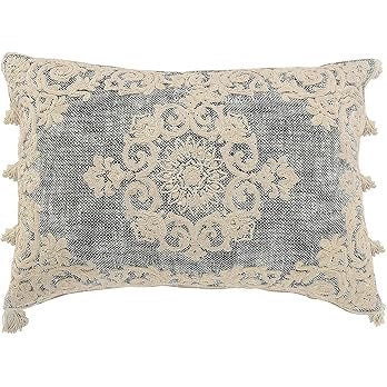 Medallion and Bordered Gray and Ivory Throw Pillow