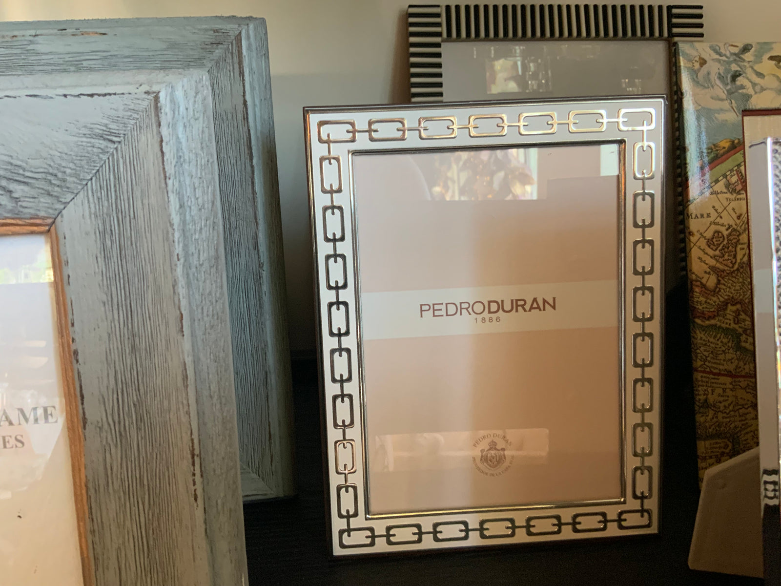 Pedro Duran White Enamel Frame 5X7 with Silver Key Design