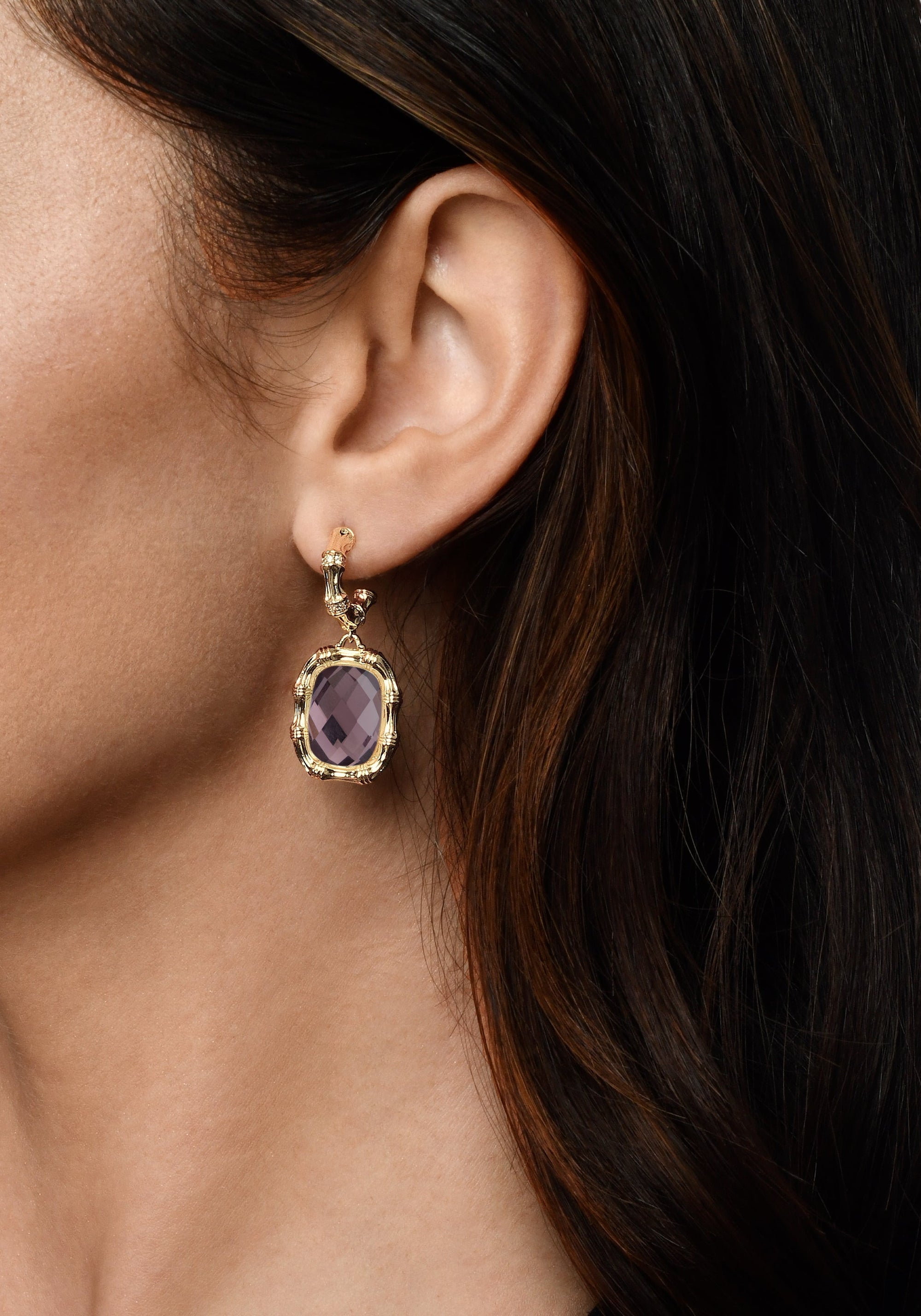 Anabel Aram Bamboo with Stone Drop Earrings -  Gemstone of Iridescent Amethyst