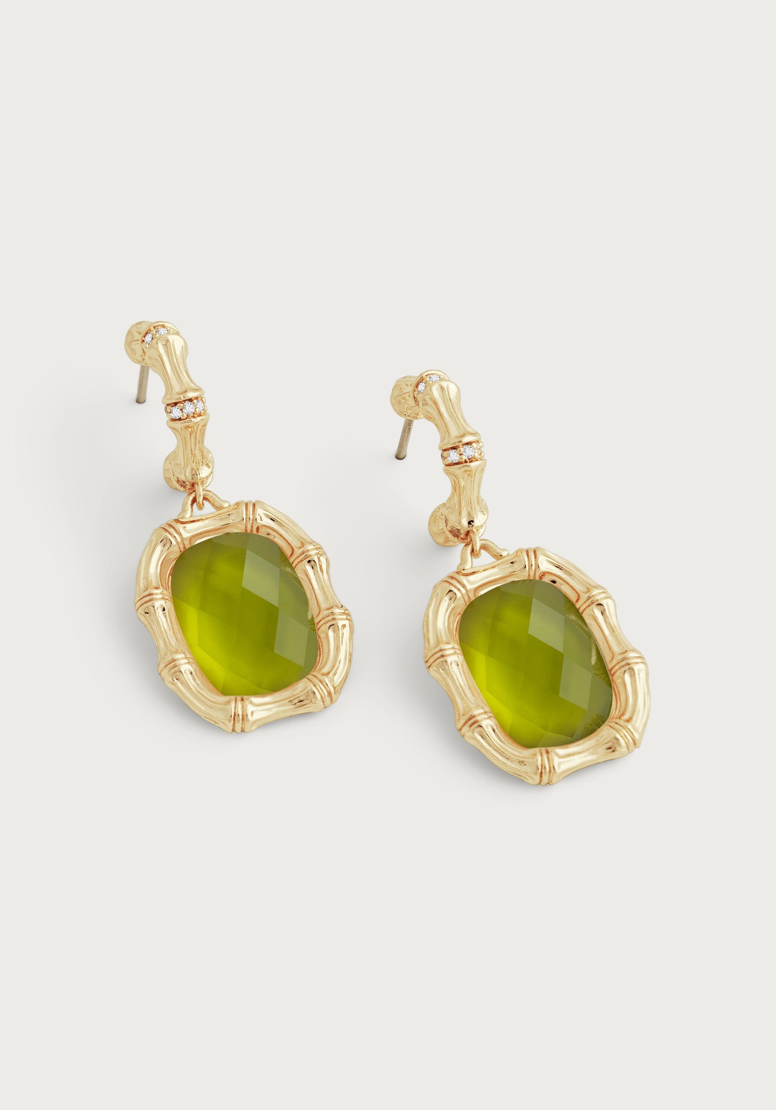 Anabel Aram Bamboo with Stone Drop Earrings - Gemstone of Iridescent Peridot