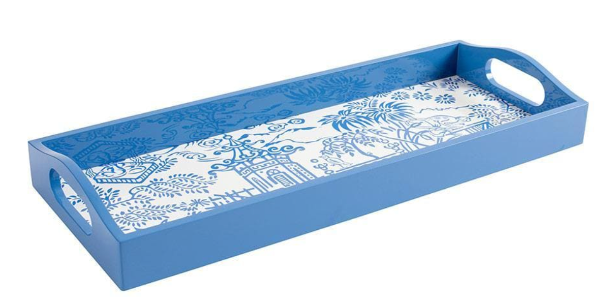 Caspari Pagoda Toile Lacquer Bar Tray in Blue