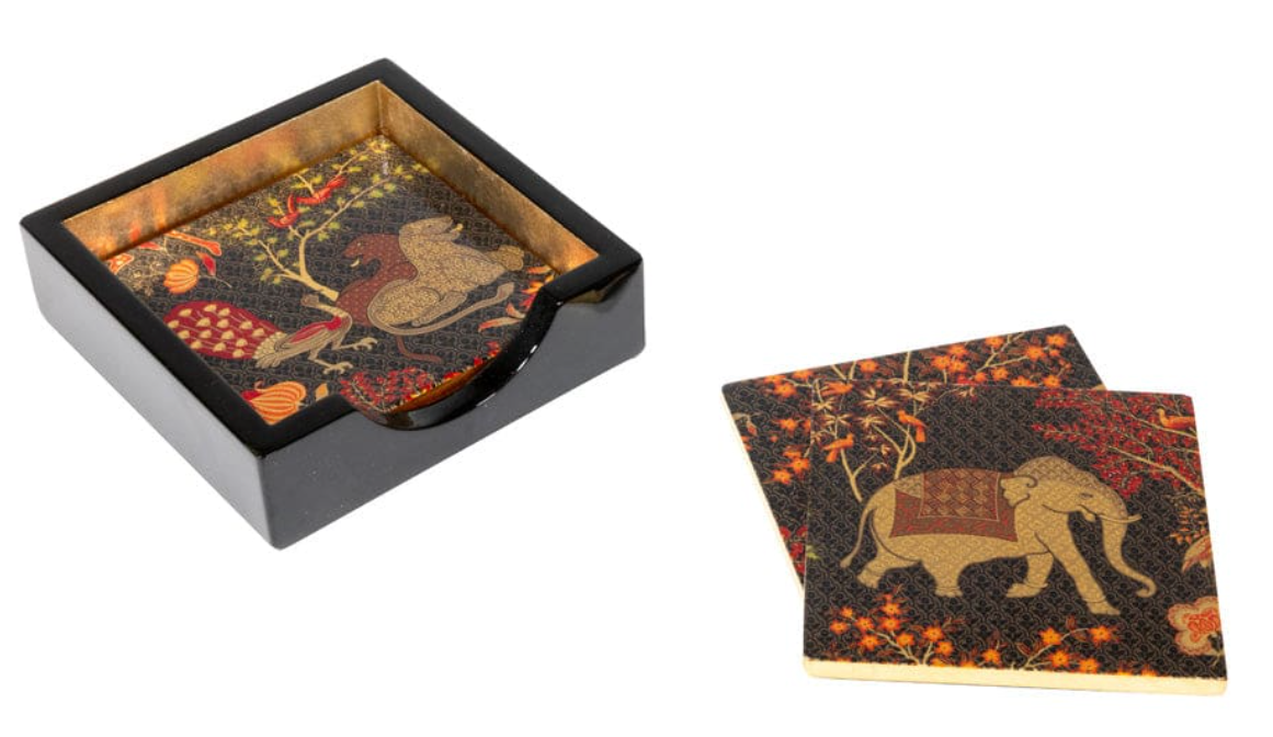 Caspari Le Jardin De Mysore by Pierre Frey Lacquer Coasters Set of 4 in Holder