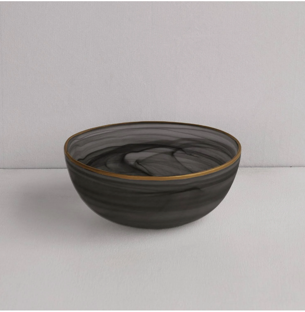 Glass Frosted Black Alabaster Medium Bowl with Gold Trim