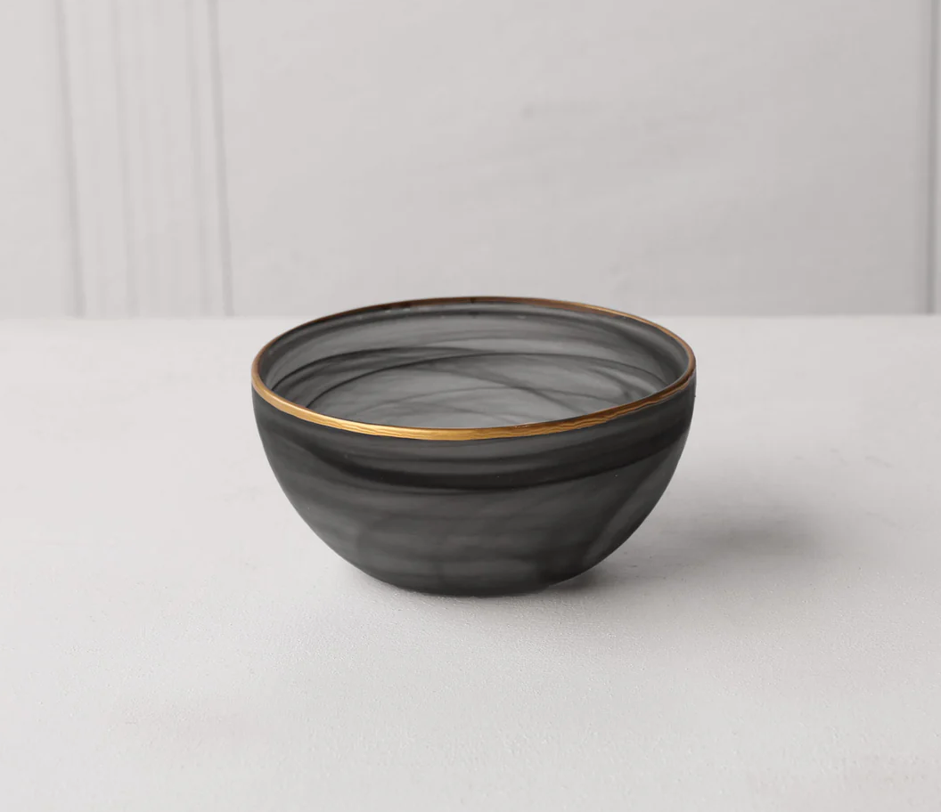 Glass Frosted Black Alabaster Small Bowl with Gold Rim