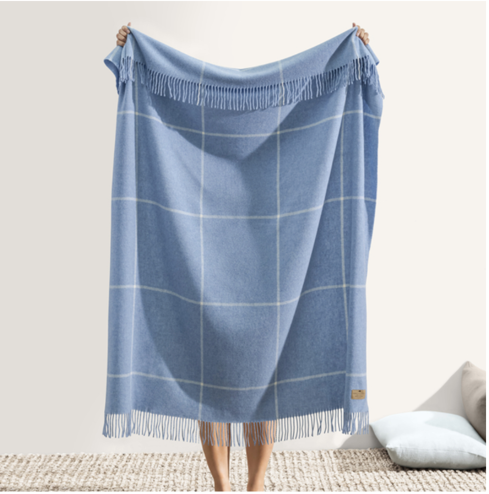 Lands Downunder Sky Blue Windowpane Cashmere/Lambswool Throw