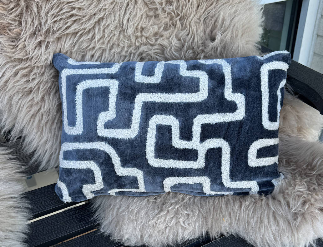 Palecek Pillow Rectangular Down - Velvet Maze Steel Blue & Cream