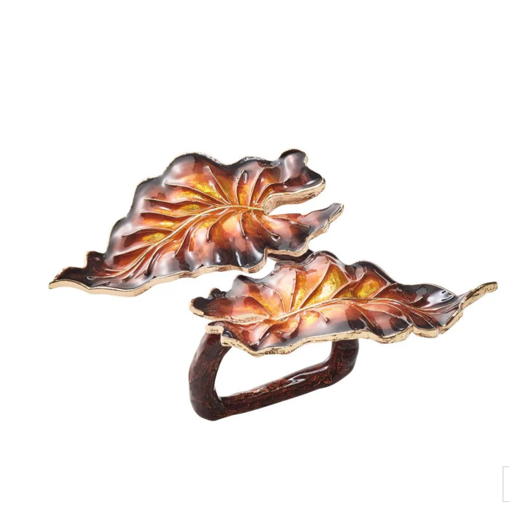 Kim Seybert Fern Napkin Ring in Brown & Gold, Set of 4 in a Gift Box