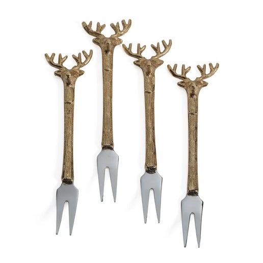 Stag's Head Cocktail / Cheese Forks - Set of 4 - Champagne Handle with Polished Head