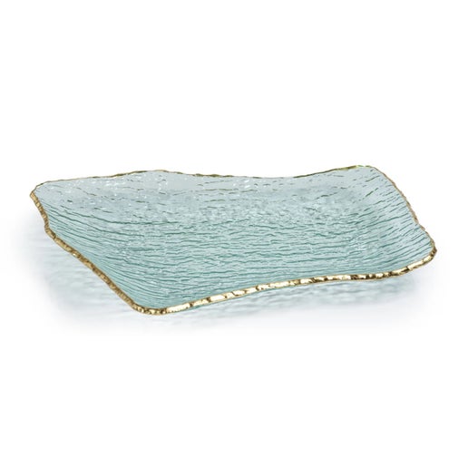 Textured Rectangular Organic Shape Plate with Jagged Gold Rim - Large